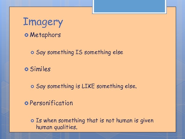 Imagery Metaphors Say something IS something else Similes Say something is LIKE something else.