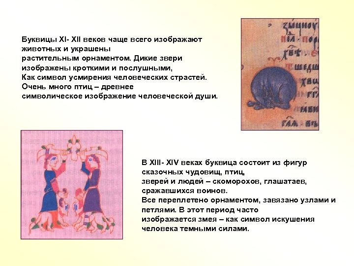 Буквицы XI- XII веков чаще всего изображают животных и украшены растительным орнаментом. Дикие звери