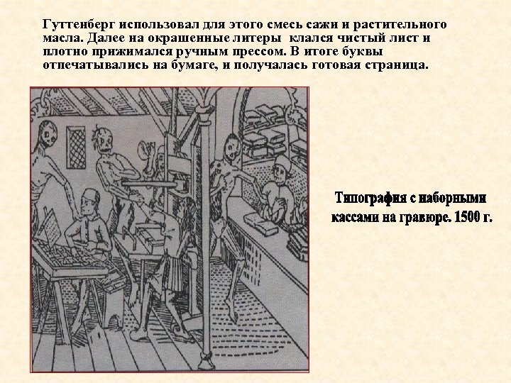 Гуттенберг использовал для этого смесь сажи и растительного масла. Далее на окрашенные литеры клался