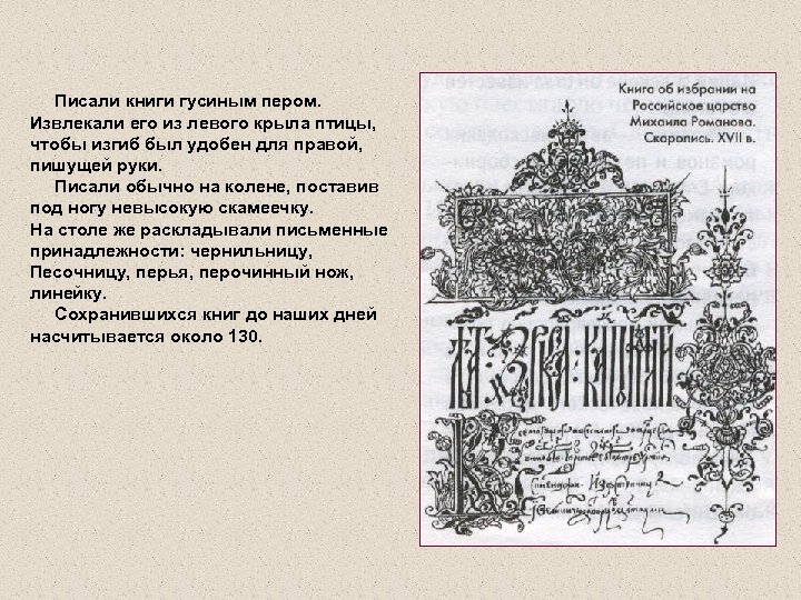 Писали книги гусиным пером. Извлекали его из левого крыла птицы, чтобы изгиб был удобен