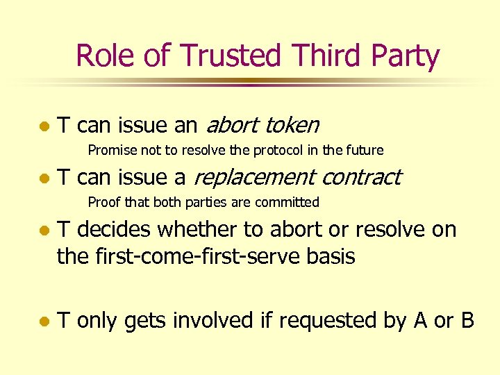 Role of Trusted Third Party l T can issue an abort token Promise not