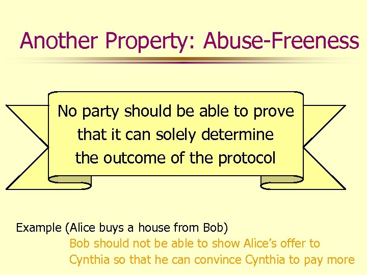 Another Property: Abuse-Freeness No party should be able to prove that it can solely