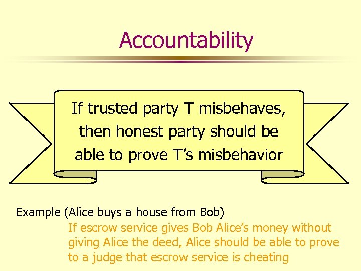 Accountability If trusted party T misbehaves, then honest party should be able to prove