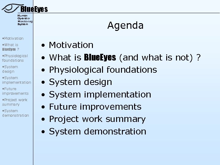 Blue. Eyes Human Operator Monitoring System • Motivation • What is Blue. Eyes ?