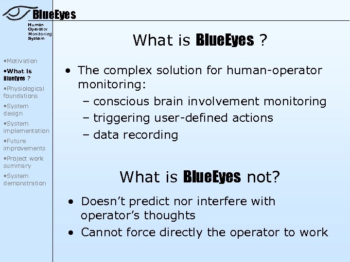 Blue. Eyes Human Operator Monitoring System • Motivation • What is Blue. Eyes ?