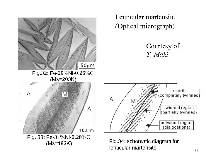 Lenticular martensite (Optical micrograph) Courtesy of T. Maki Fig. 32: Fe-29%Ni-0. 26%C (Ms=203 K)