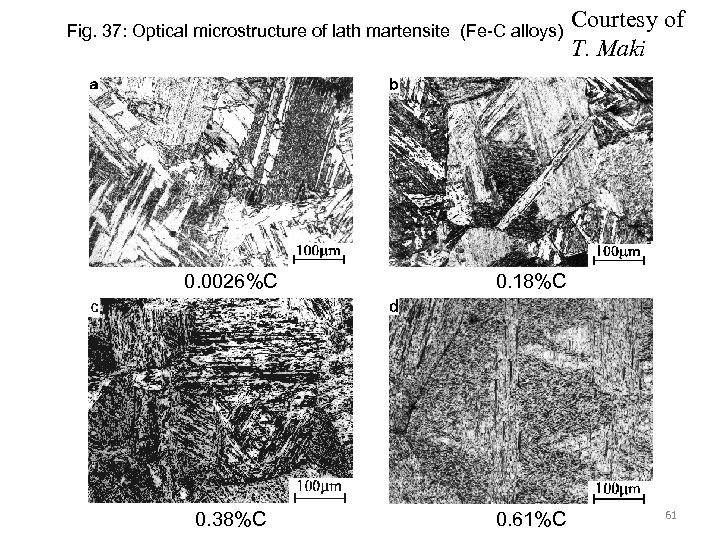 Fig. 37: Optical microstructure of lath martensite (Fe-C alloys) 0. 0026%C 0. 18%C 0.
