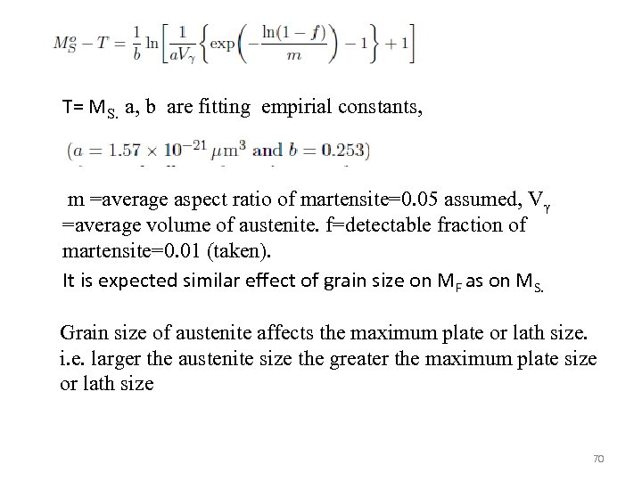 T= MS. a, b are fitting empirial constants, m =average aspect ratio of martensite=0.