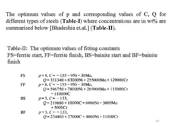 The optimum values of p and corresponding values of C, Q for different types
