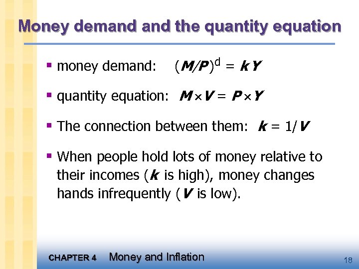 Money demand the quantity equation § money demand: (M/P )d = k Y §