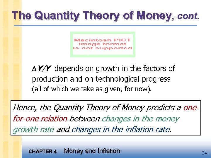 The Quantity Theory of Money, cont. Y/Y depends on growth in the factors of