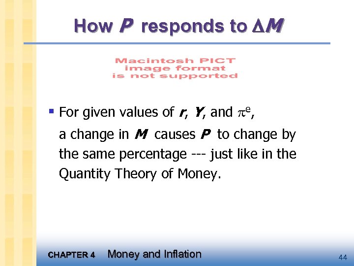 How P responds to M § For given values of r, Y, and e,