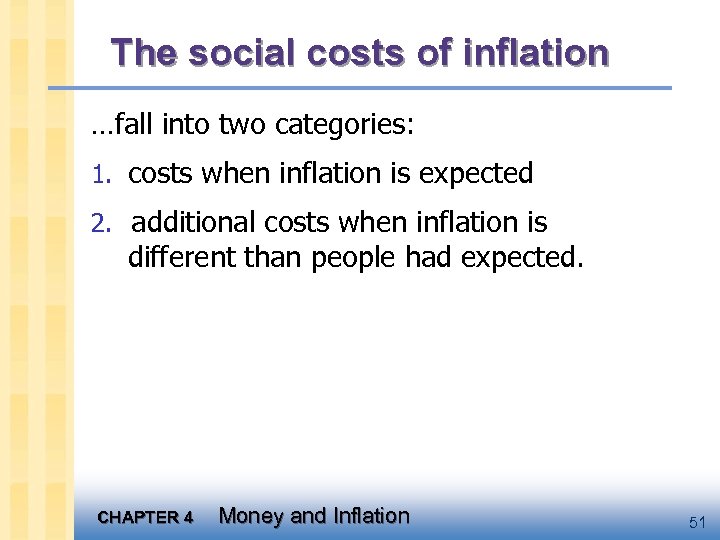 The social costs of inflation …fall into two categories: 1. costs when inflation is