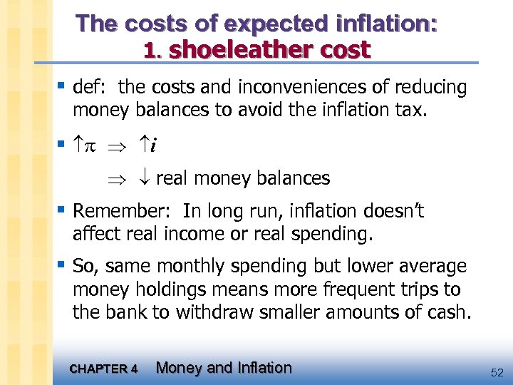 The costs of expected inflation: 1. shoeleather cost § def: the costs and inconveniences