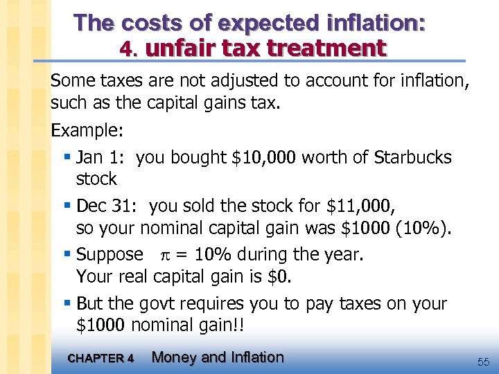 The costs of expected inflation: 4. unfair tax treatment Some taxes are not adjusted