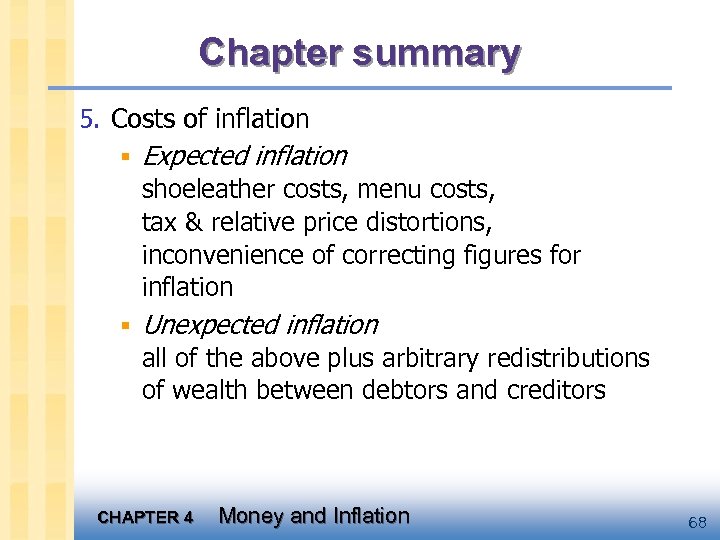 Chapter summary 5. Costs of inflation § Expected inflation shoeleather costs, menu costs, tax