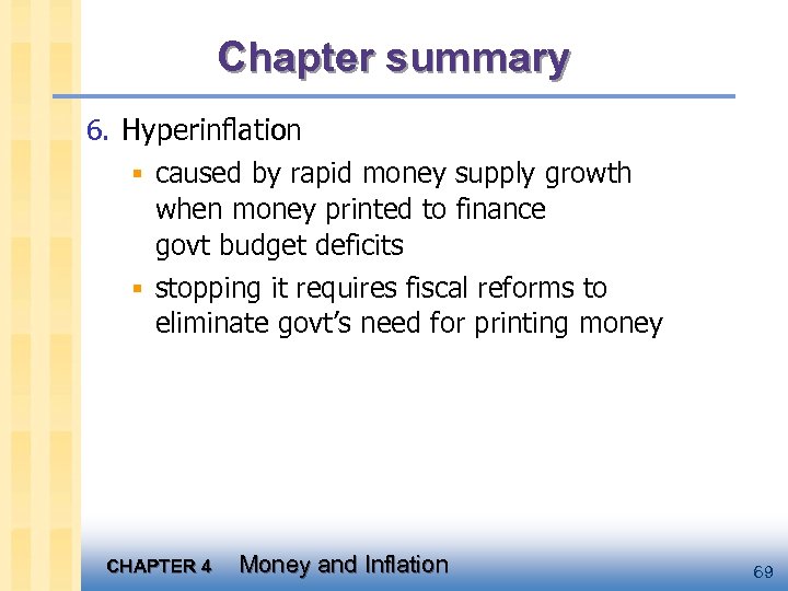 Chapter summary 6. Hyperinflation § caused by rapid money supply growth when money printed