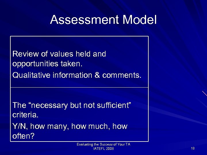 Assessment Model Review of values held and opportunities taken. Qualitative information & comments. The