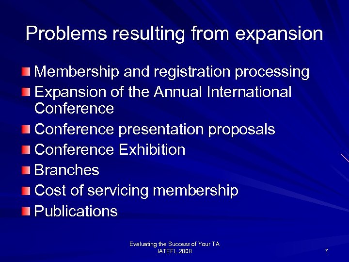Problems resulting from expansion Membership and registration processing Expansion of the Annual International Conference