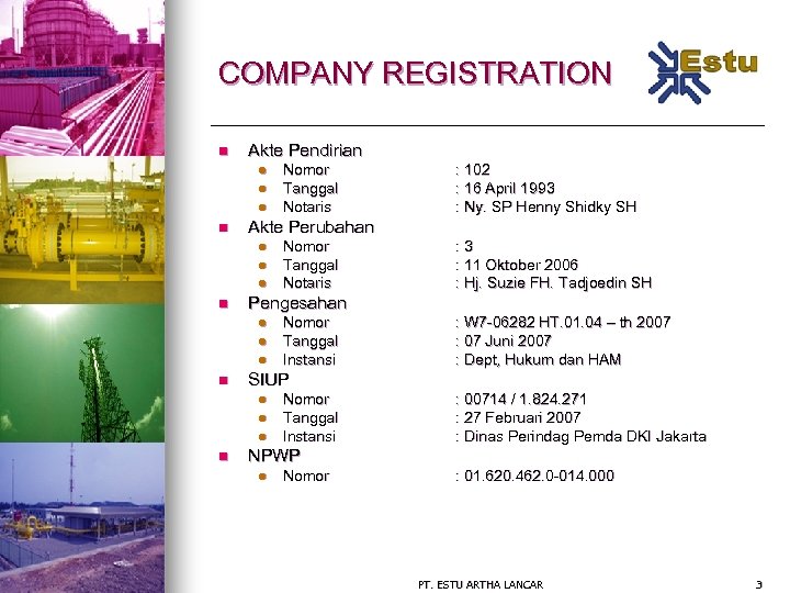 COMPANY REGISTRATION n Akte Pendirian l l l l : 3 : 11 Oktober
