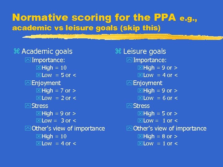 Normative scoring for the PPA academic vs leisure goals (skip this) z Academic goals