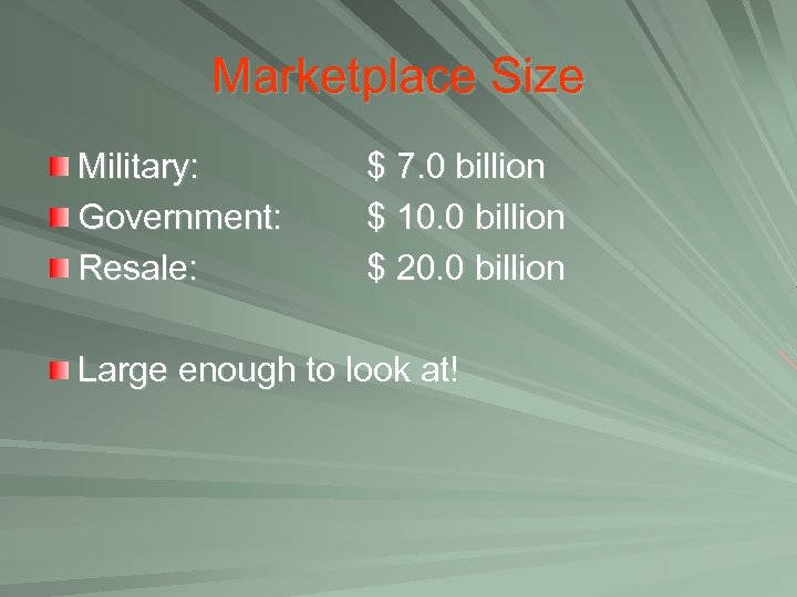 Marketplace Size Military: Government: Resale: $ 7. 0 billion $ 10. 0 billion $