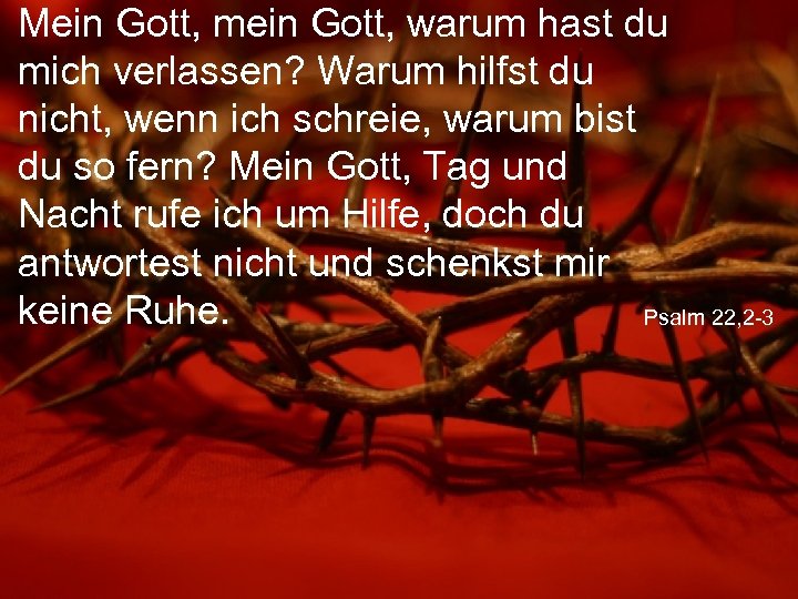 Mein Gott, mein Gott, warum hast du mich verlassen? Warum hilfst du nicht, wenn