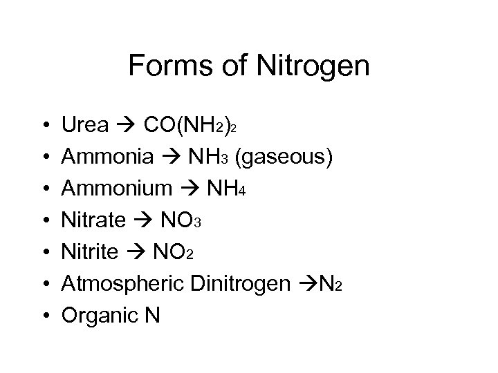 Forms of Nitrogen • • Urea CO(NH 2)2 Ammonia NH 3 (gaseous) Ammonium NH