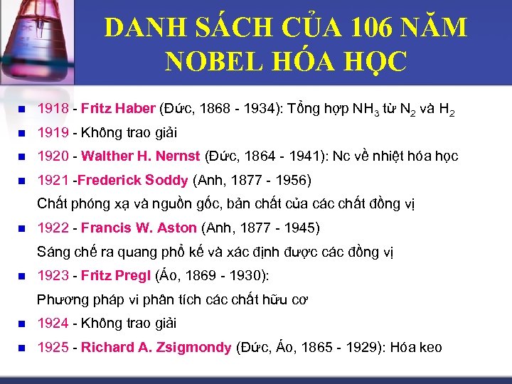 DANH SÁCH CỦA 106 NĂM NOBEL HÓA HỌC n 1918 - Fritz Haber (Đức,