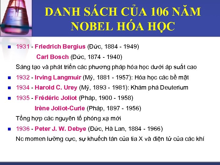 DANH SÁCH CỦA 106 NĂM NOBEL HÓA HỌC n 1931 - Friedrich Bergius (Đức,