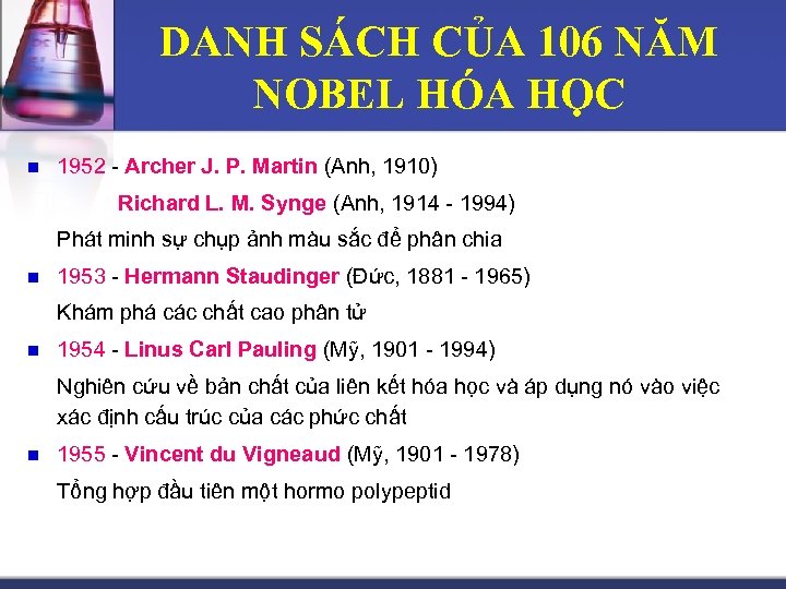 DANH SÁCH CỦA 106 NĂM NOBEL HÓA HỌC n 1952 - Archer J. P.