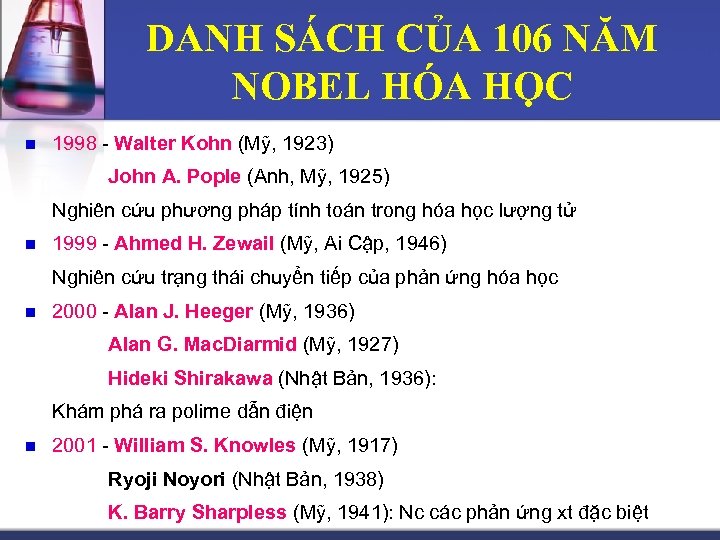 DANH SÁCH CỦA 106 NĂM NOBEL HÓA HỌC n 1998 - Walter Kohn (Mỹ,