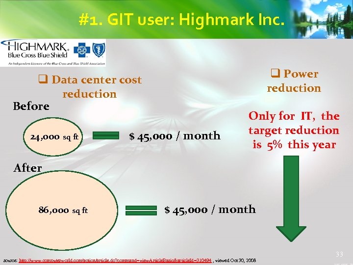 #1. GIT user: Highmark Inc. q Power reduction q Data center cost reduction Before