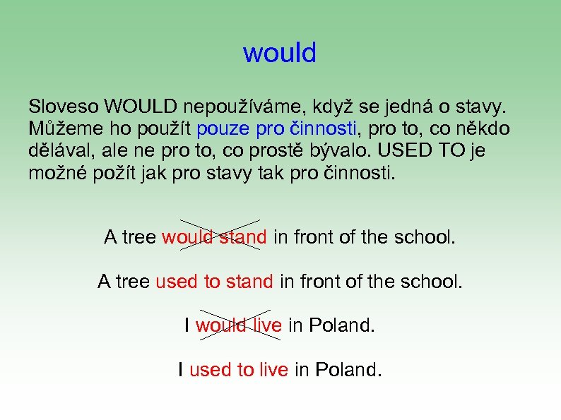 would Sloveso WOULD nepoužíváme, když se jedná o stavy. Můžeme ho použít pouze pro