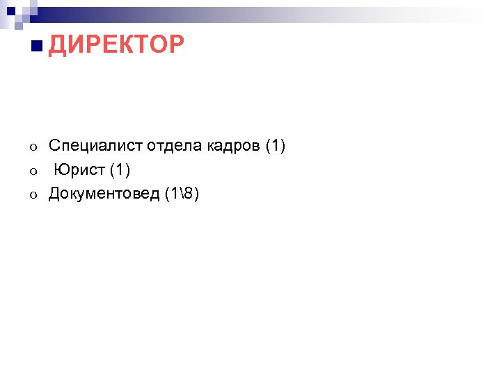 n ДИРЕКТОР o o o Специалист отдела кадров (1) Юрист (1) Документовед (18) 