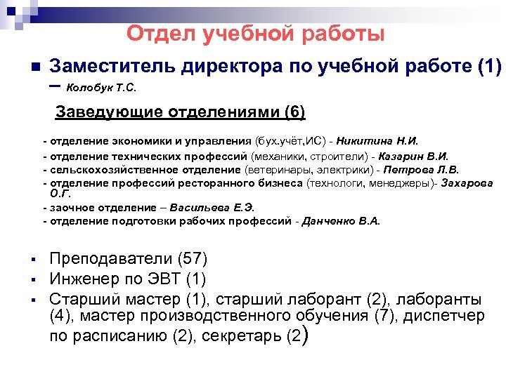 Отдел учебной работы n Заместитель директора по учебной работе (1) – Колобук Т. С.