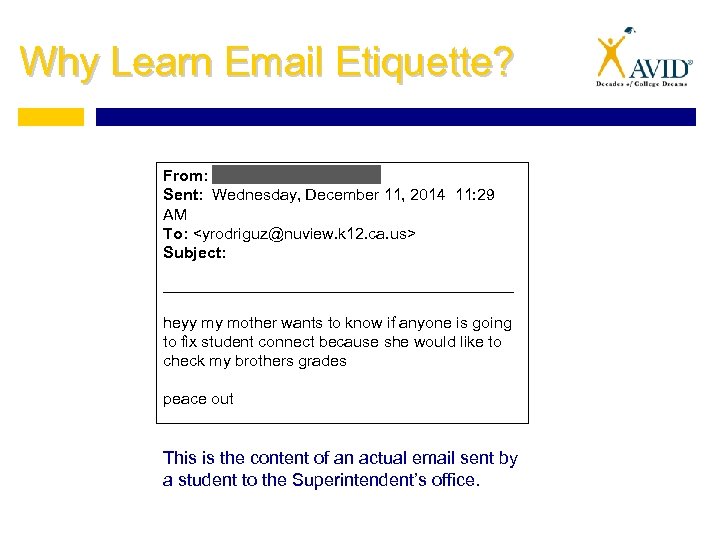 Why Learn Email Etiquette? From: Sent: Wednesday, December 11, 2014 11: 29 AM To:
