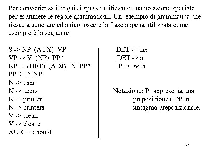 Per convenienza i linguisti spesso utilizzano una notazione speciale per esprimere le regole grammaticali.
