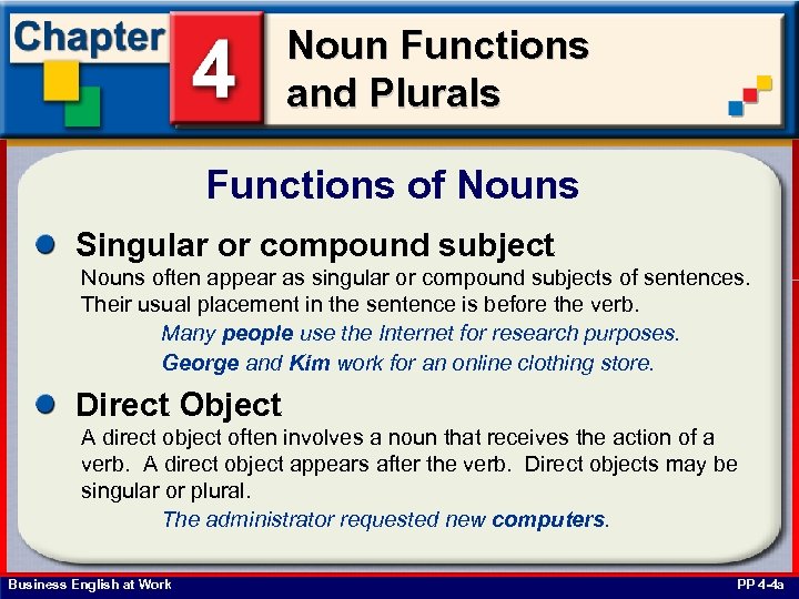 Noun Functions and Plurals Functions of Nouns Singular or compound subject Nouns often appear