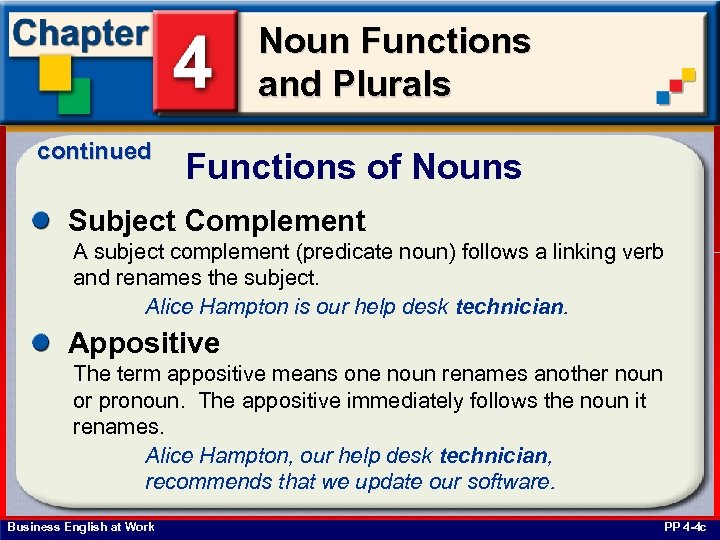 Noun Functions and Plurals continued Functions of Nouns Subject Complement A subject complement (predicate