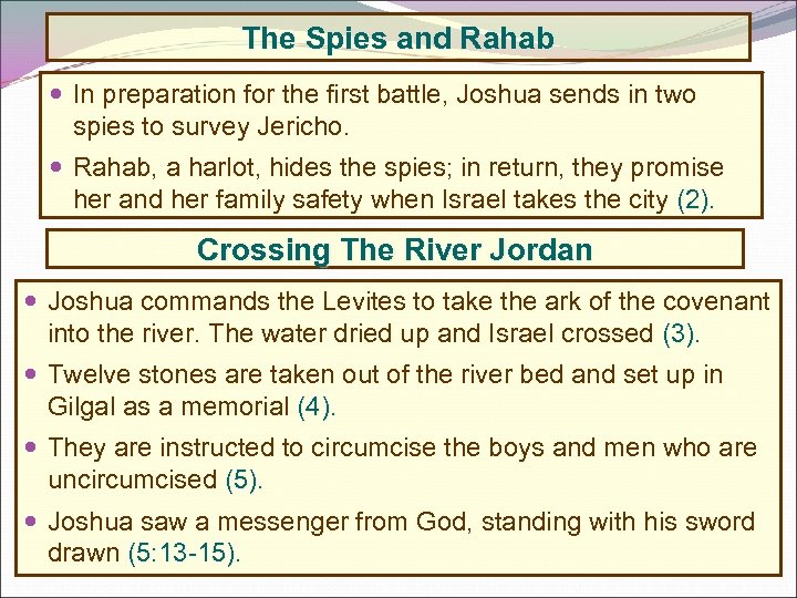 The Spies and Rahab In preparation for the first battle, Joshua sends in two