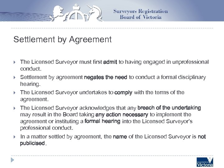 Settlement by Agreement The Licensed Surveyor must first admit to having engaged in unprofessional