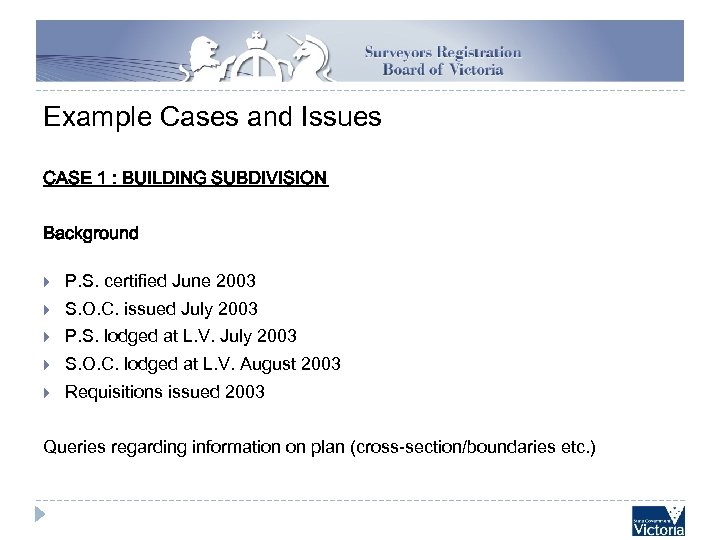 Example Cases and Issues CASE 1 : BUILDING SUBDIVISION Background P. S. certified June