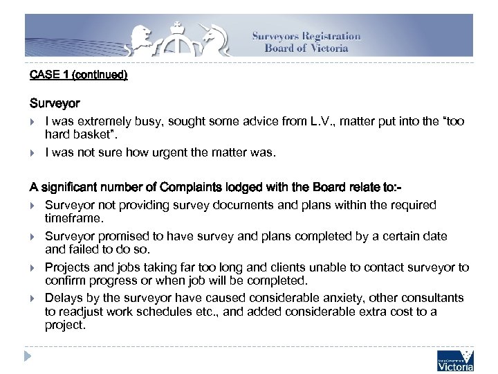 CASE 1 (continued) Surveyor I was extremely busy, sought some advice from L. V.