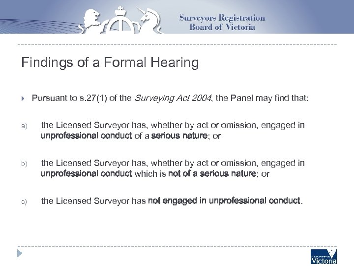 Findings of a Formal Hearing Pursuant to s. 27(1) of the Surveying Act 2004,