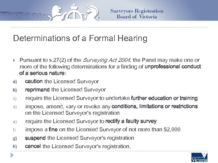 Determinations of a Formal Hearing Pursuant to s. 27(2) of the Surveying Act 2004,