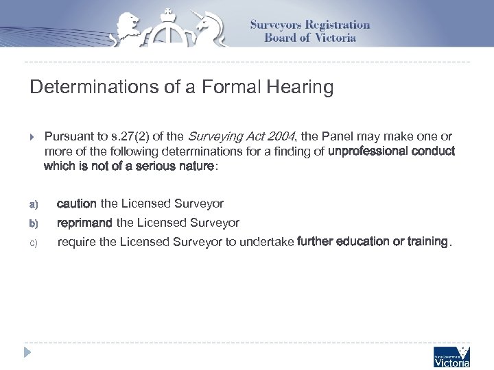 Determinations of a Formal Hearing Pursuant to s. 27(2) of the Surveying Act 2004,
