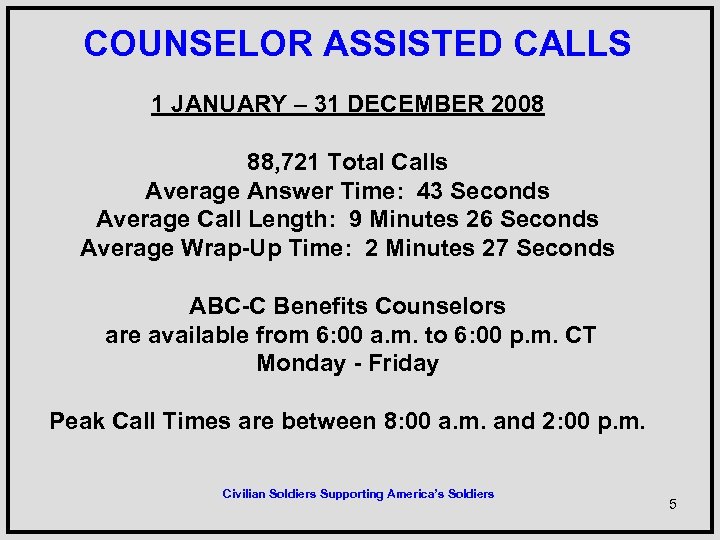  COUNSELOR ASSISTED CALLS 1 JANUARY – 31 DECEMBER 2008 88, 721 Total Calls