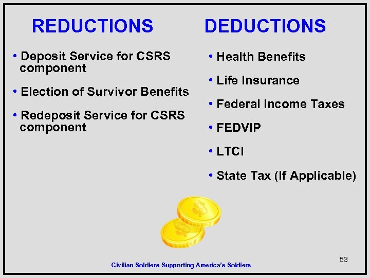 REDUCTIONS • Deposit Service for CSRS component • Election of Survivor Benefits • Redeposit