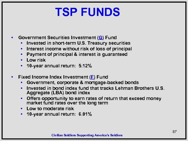 TSP FUNDS • Government Securities Investment (G) Fund • Invested in short-term U. S.